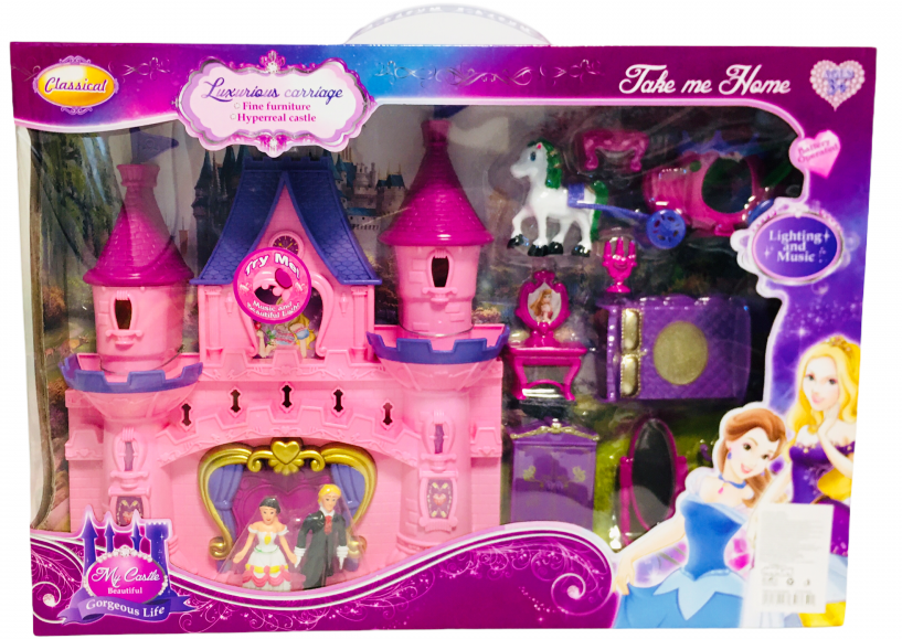 Замък за кукли с каляска с коне, мебели със звук и светлини