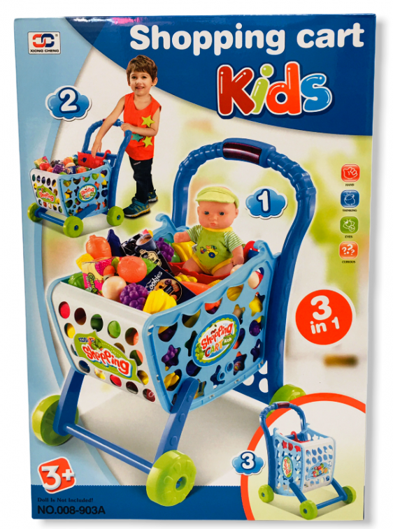 Количка за супермаркет с продукти и аксесоари, 3 начина на сглобяване, синя