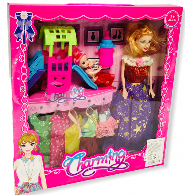 Комплект Кукла с аксесоари, бебе и пързалка