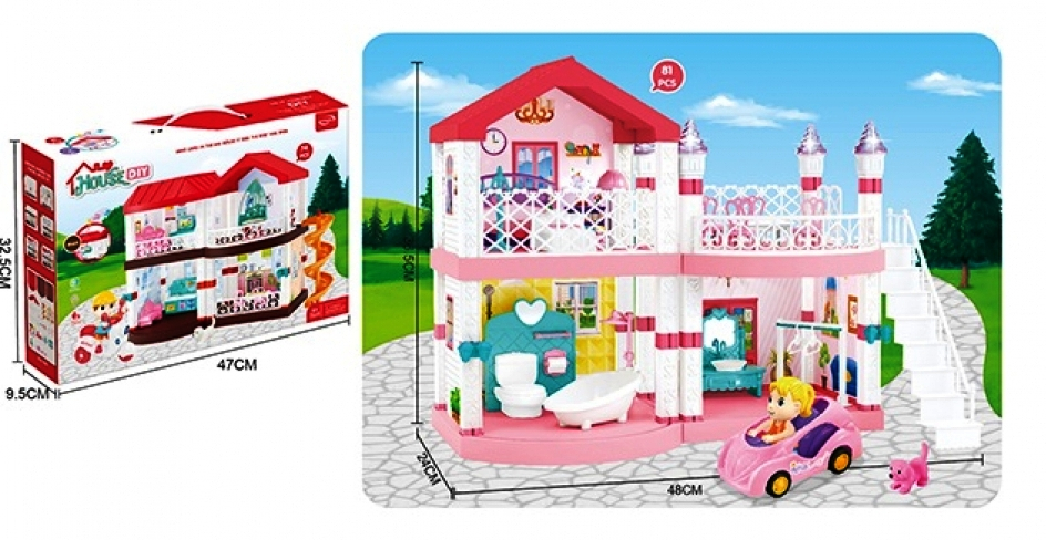 Двуетажна къща за кукли, 81 части + кукла, кученце и още много