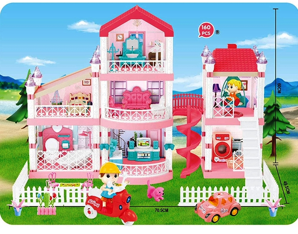 Двуетажна Къща за кукли 160 части + 2 кукли, кученце и още много