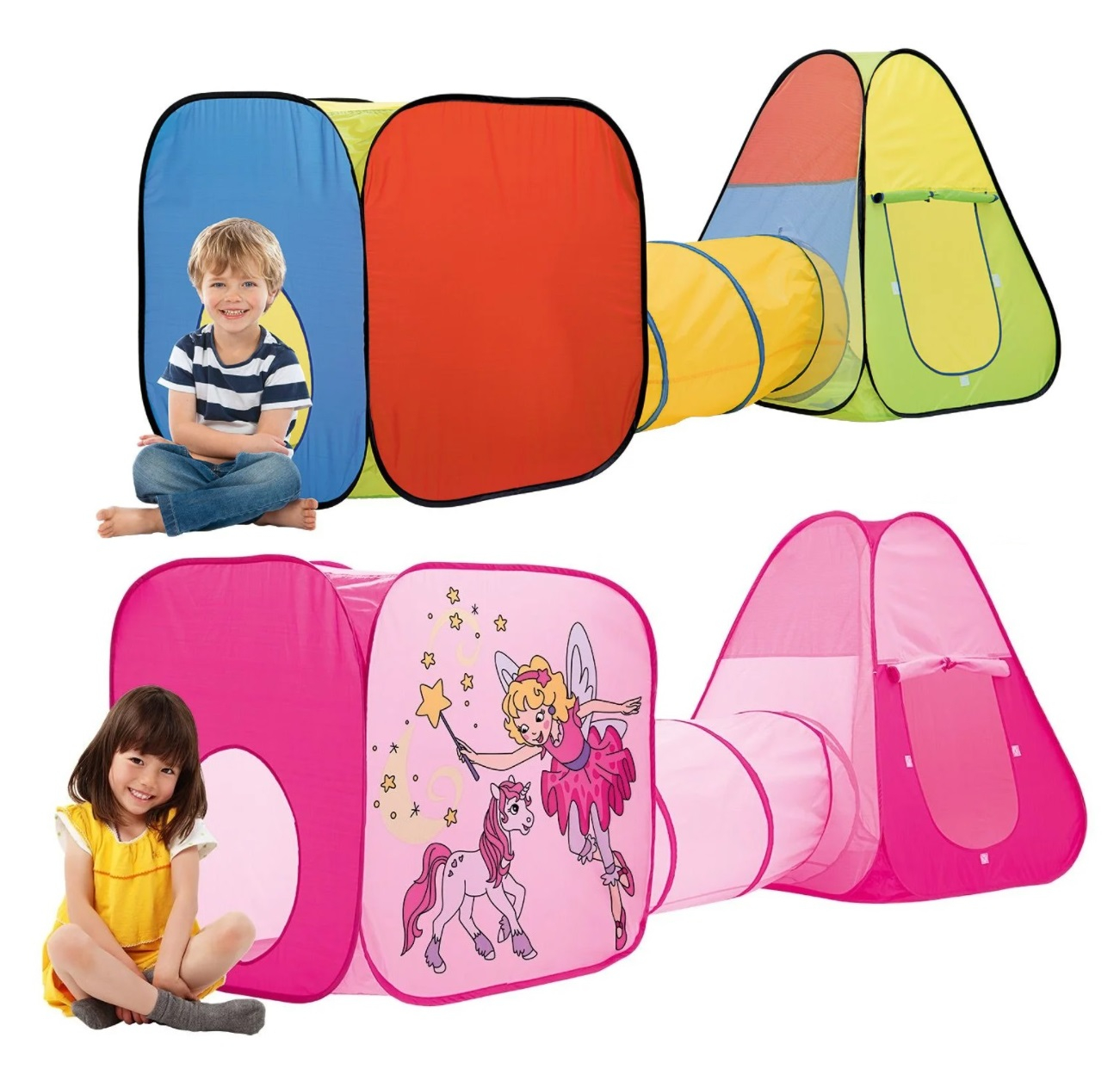 Палатка за игра с тунел 3в1, шарена/розова, саморазгъваща се, 280х80х100см