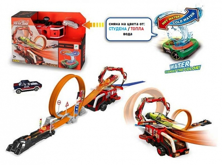 Писта с Лупинг Изстрелвачка + количка сменяща цвета , пожарна кола и пътни знаци