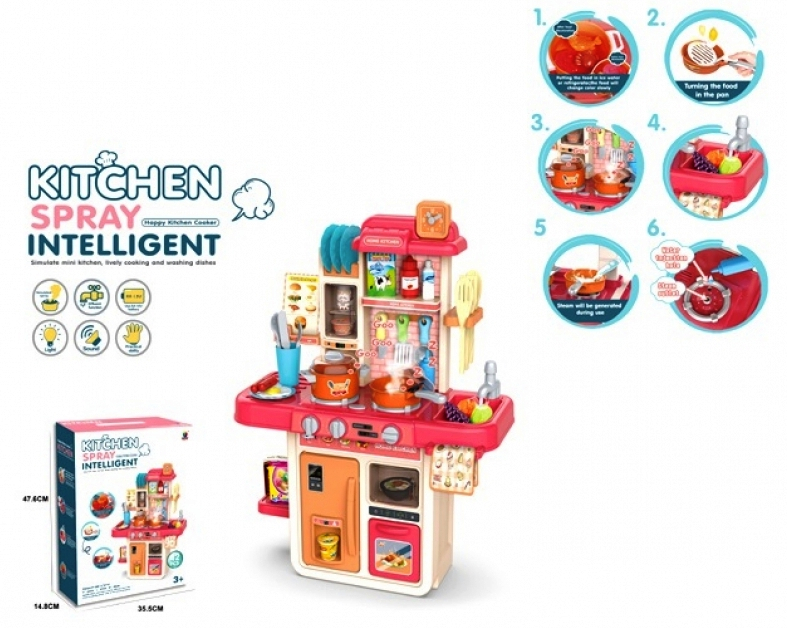 Кухненски център с ПАРА и ТЕЧАЩА ВОДА, звук, светлини, 42 части - розова - 1989285