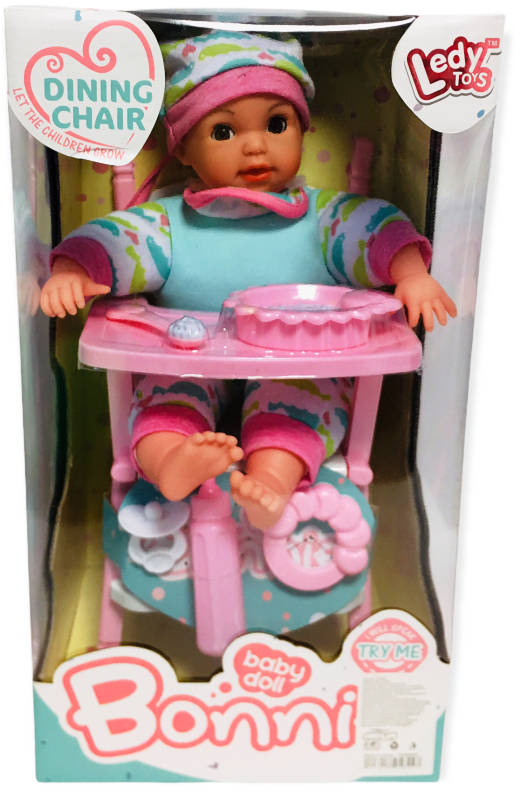 Бебе със столче за хранене, аксесоари и звук, 35см