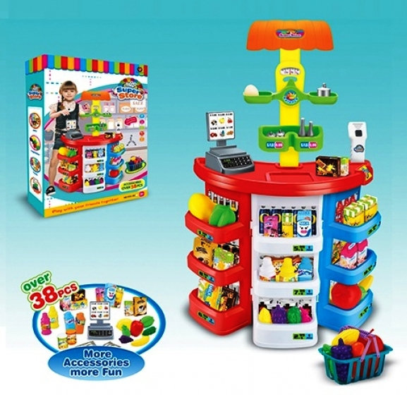 Музикален детски СУПЕРМАРКЕТ със светлинни ефекти и реални търговски елементи, 38 части