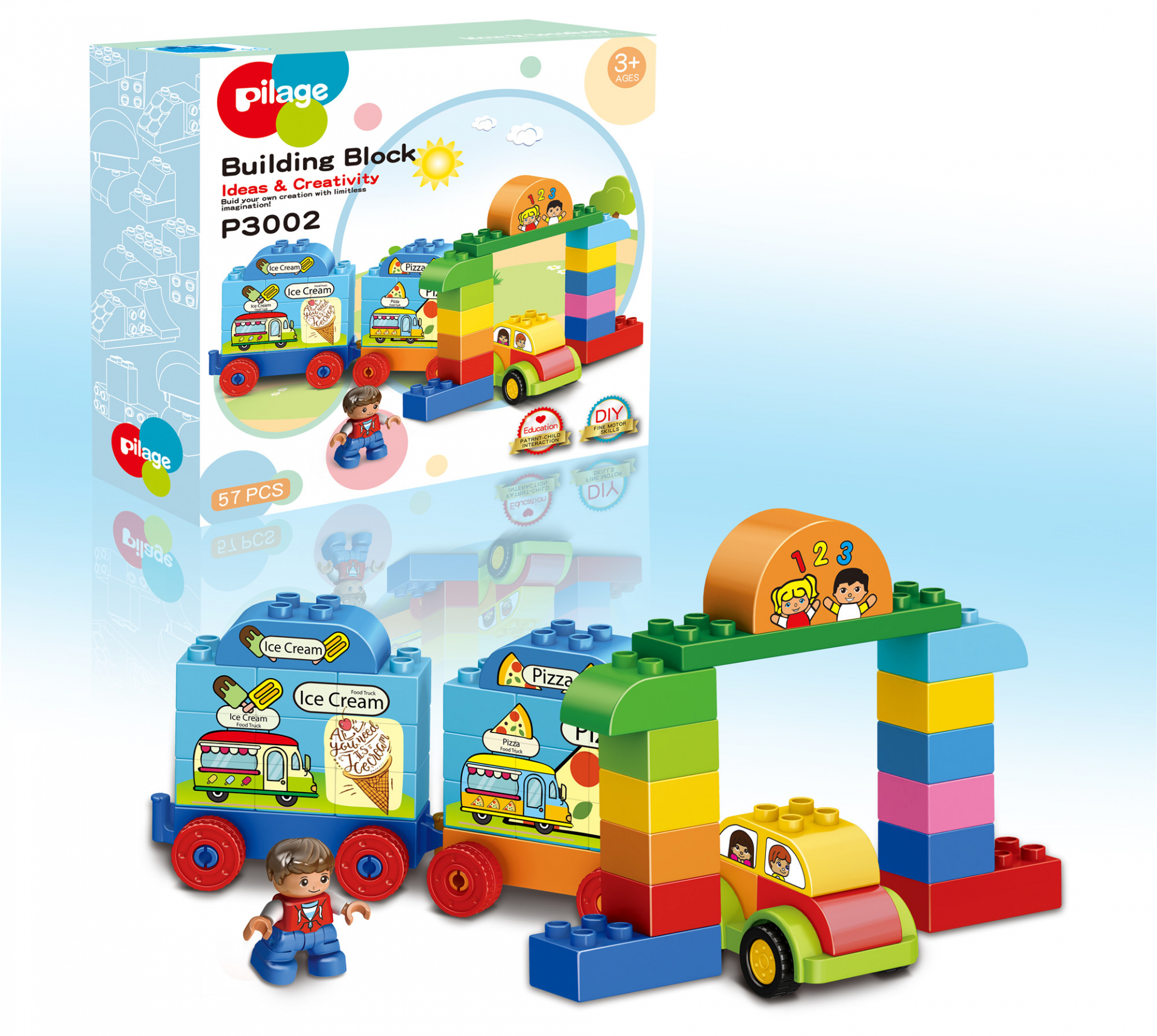 Конструктор-пъзел с три превозни средства и човече, 57 части