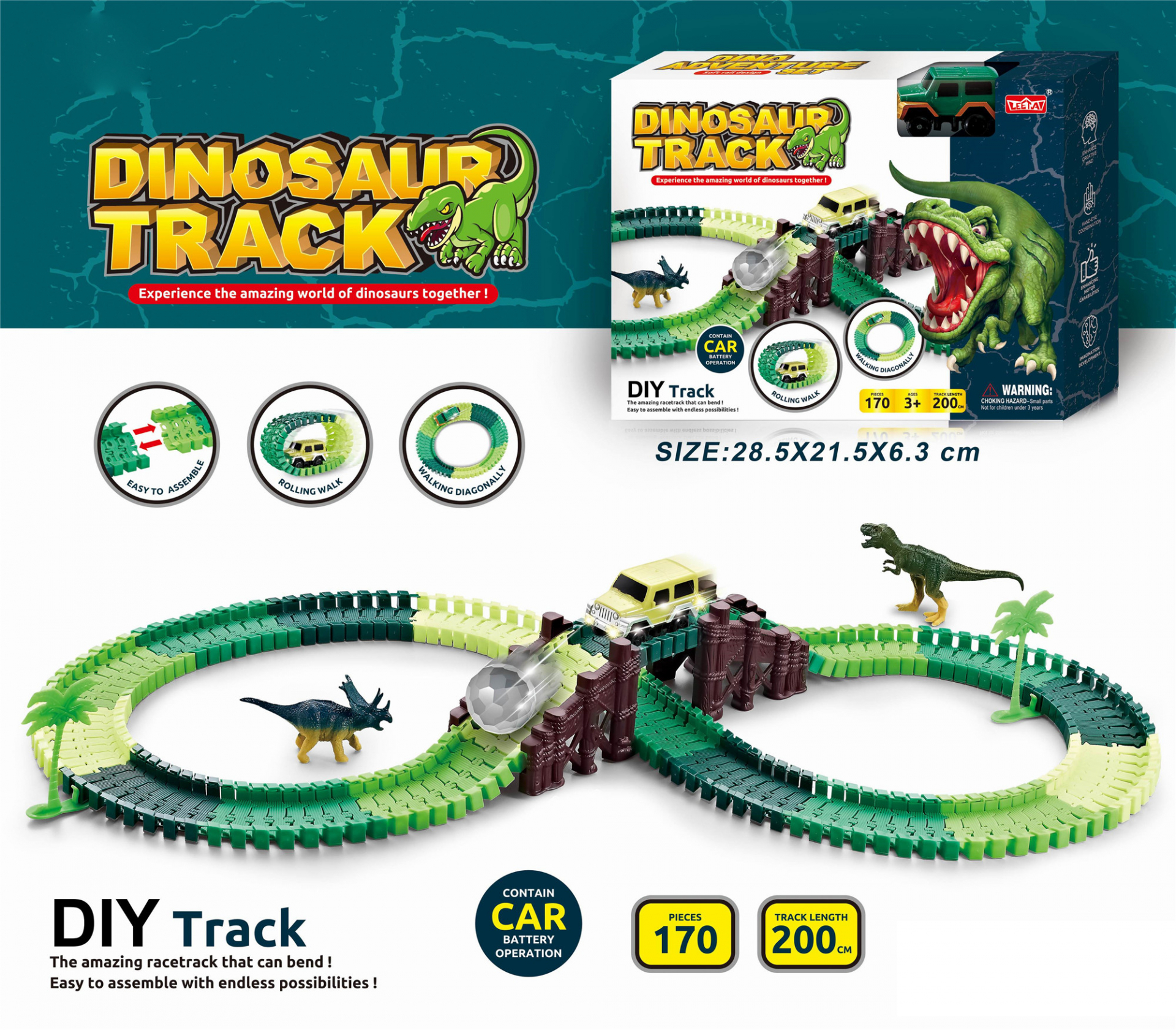 Писта Динозавър 200см, 170 части с джип, фигурки динозавър и още много