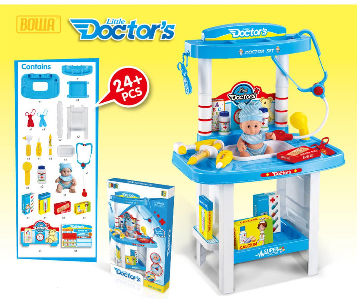 Докторски комплект с маса медицински принадлежности + бебе и аксесоари