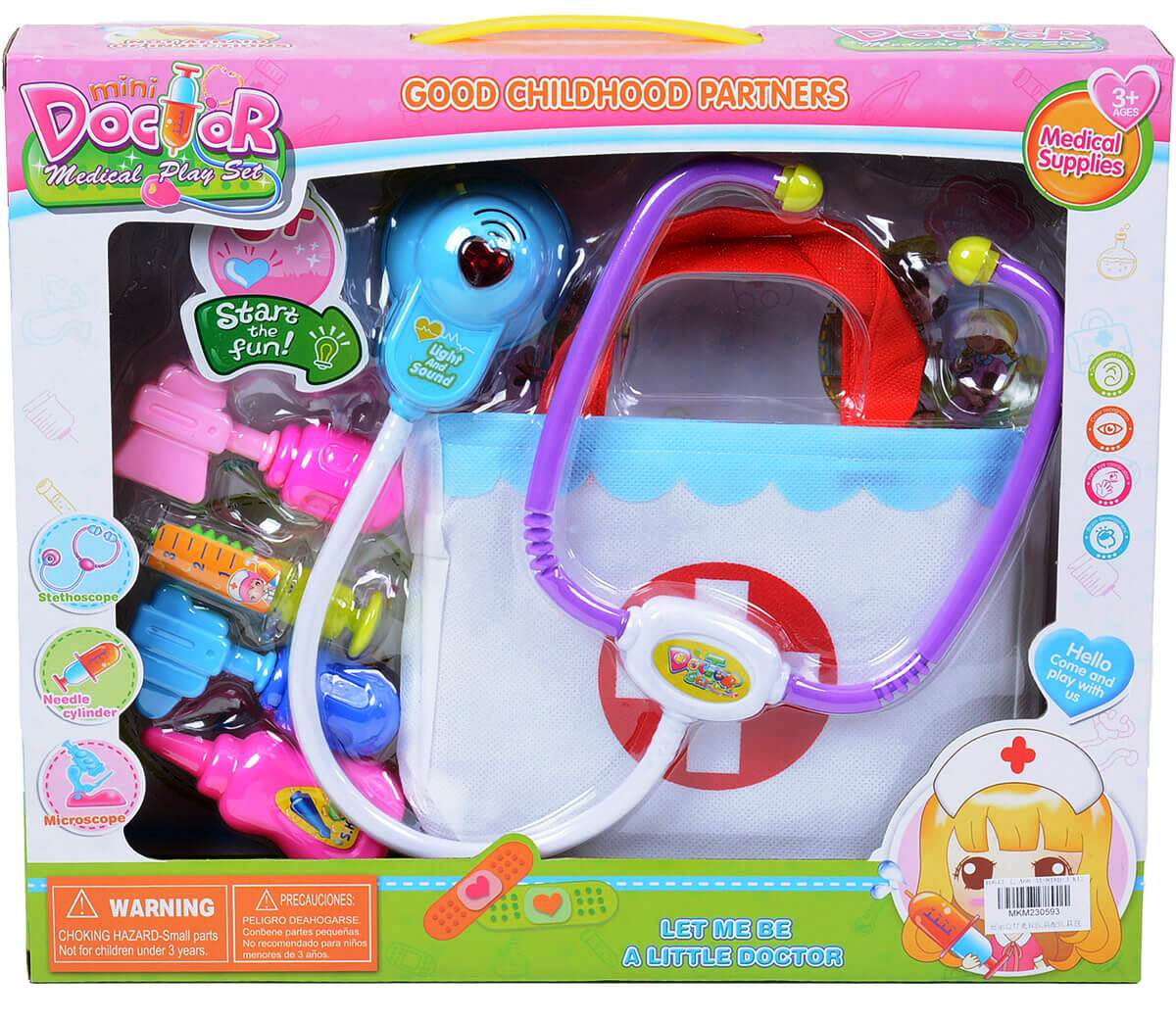 Докторски комплект със звук светлина на слушалките и чанта за всички принадлежности