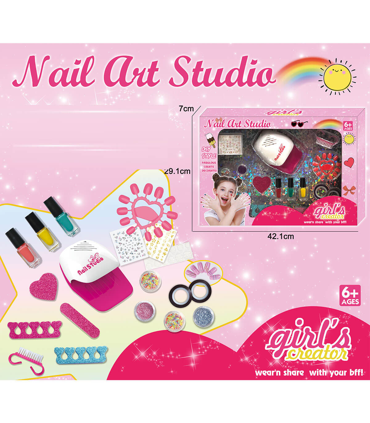 Комплект за маникюр с UV лампа, 3 свежи цвята лак, брокат – 2 цвята и още