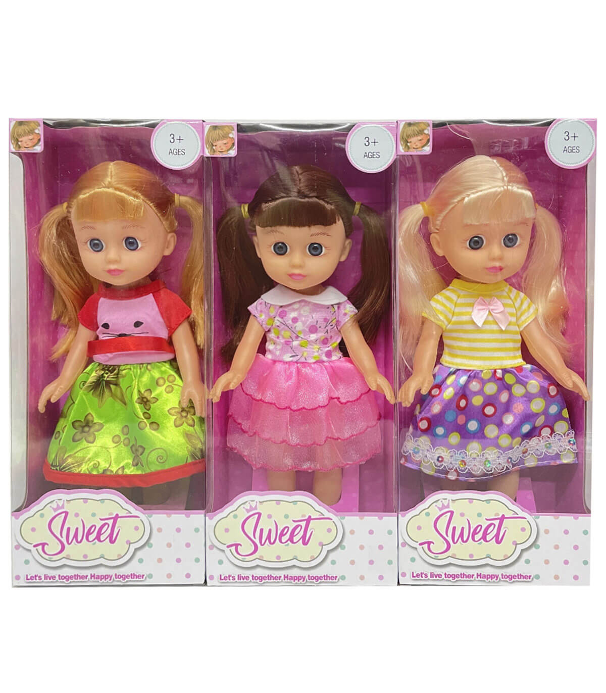 Малка синеока кукличка на две опашки, облечена в пъстроцветна рокличка със звук