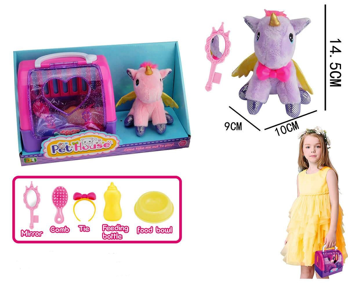 Плюшен Еднорог с крила в клетка/къщичка + аксесоари - огледало, четка, диадема и още