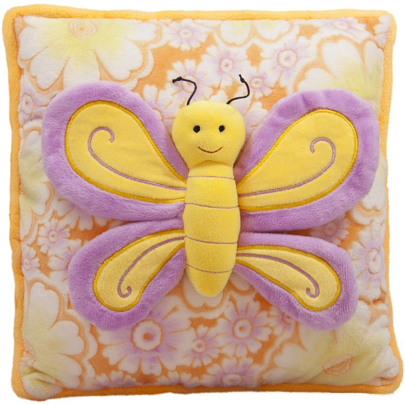 Плюшена възглавница с пеперуда, Жълта с лилава пеперуда, 30х30см