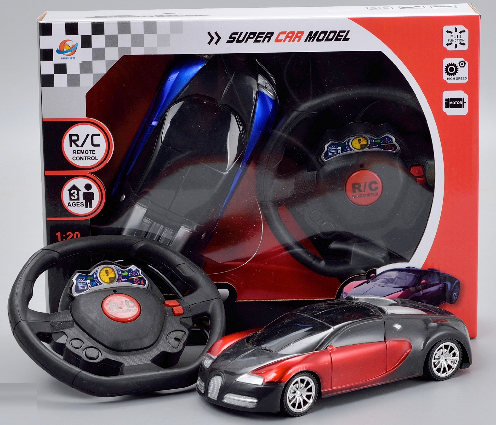 Кола БУГАТИ с радиоконтрол, 2 посоки с волан и 3D светлини