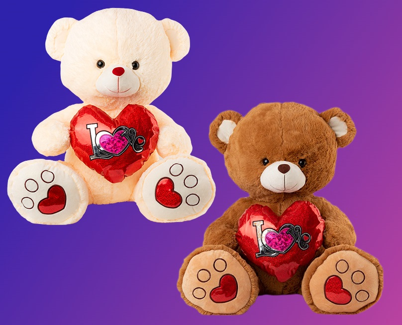 Плюшено Мече с блестящо сърце LOVE, 32см и 62см в два цвята