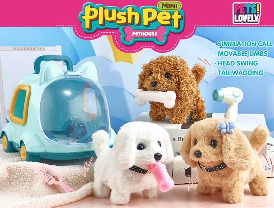 Плюшено Ходещо Куче с Кокъл в Куфар на Колелца