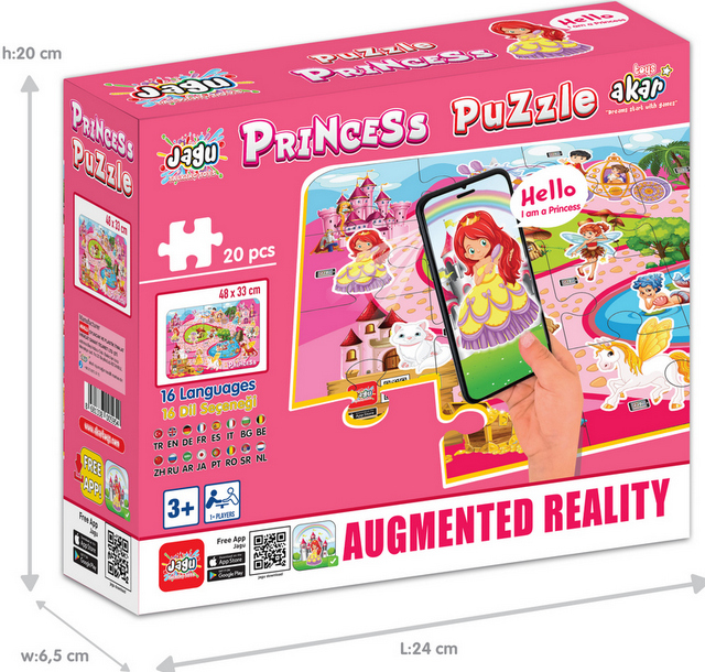 Говорещ и Разказващ Пъзел „Принцеси“ на Български – 20 Елемента (48×33 см), от EVA Пяна, с Добавена Реалност на 16 Езика, 20×24×7 см