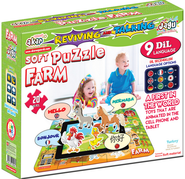 Говорещ и Разказващ Пъзел „Животните в Фермата“ на Български – 20 Елемента (48×33 см), от EVA Пяна, с Добавена Реалност на 16 Езика, 20×24×7 см