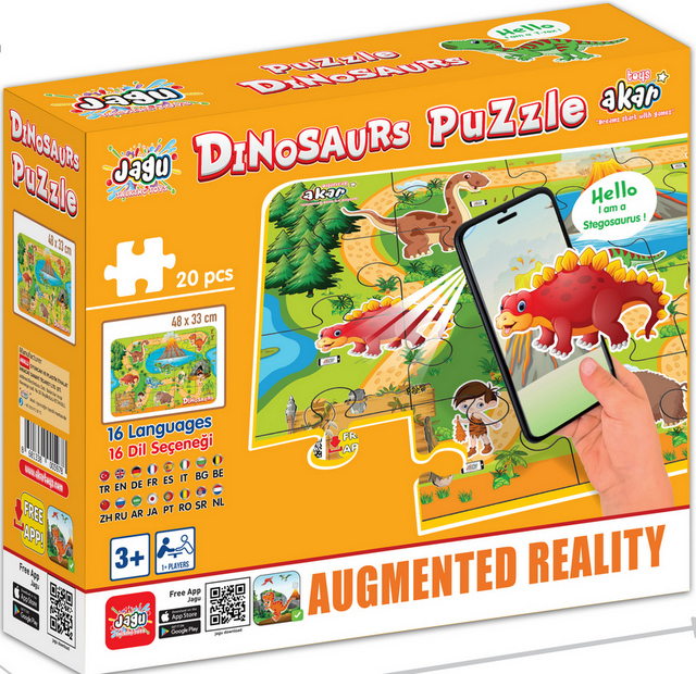 Говорещ и Разказващ Пъзел „Динозаври“ на Български – 20 Елемента (48×33 см), от EVA Пяна, с Добавена Реалност на 16 Езика, 20×24×7 см