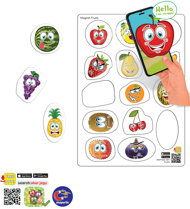 Магнити Плодове Говорещи и Разказващи на Български 11x14 см общо 14 ел., от EVA пяна с добавена реалност на 16 езика 22x16x0.3 см