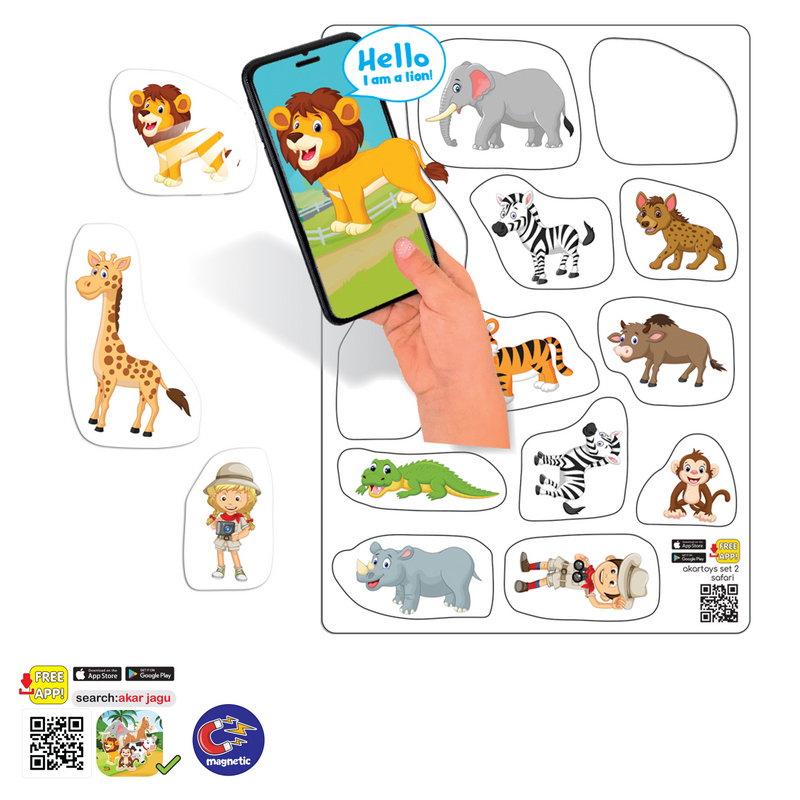 Магнити Сафари Говорещи и Разказващи на Български 11x14 см общо 14 ел., от EVA пяна с добавена реалност на 16 езика 22x16x0.3 см