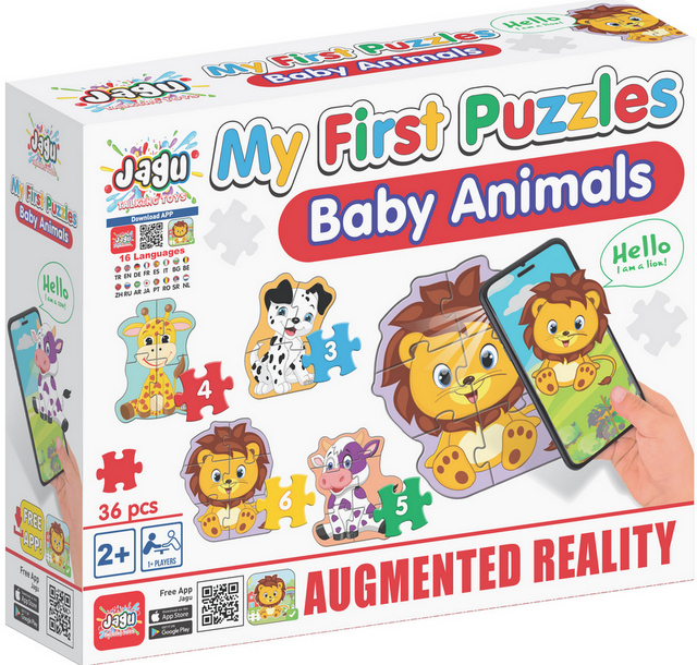 Говорещ и Разказващ Пъзел „Бебета Животни“ на Български за Най-Малките – 8 Модела, по 3 до 6 Елемента (13×55 см) Всеки, Общо 36 Елемента, от EVA Пяна, с Добавена Реалност на 16 Езика, 26×21×7 см