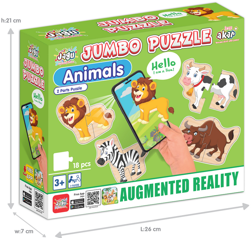 Говорещ и Разказващ Пъзел „Животните“ на Български за Най-Малките – 9 Животни по 2 Елемента (13×14 см), Общо 18 Елемента, от EVA Пяна, с Добавена Реалност на 16 Езика, 21×26×7 см