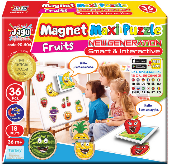 Говорещ и Разказващ Магнитен Пъзел „Плодове“ на Български за Най-Малките – 18 Модела по 2 Елемента (11×14 см), Общо 36 Елемента, от EVA Пяна, с Добавена Реалност на 16 Езика, 20×17×4 см