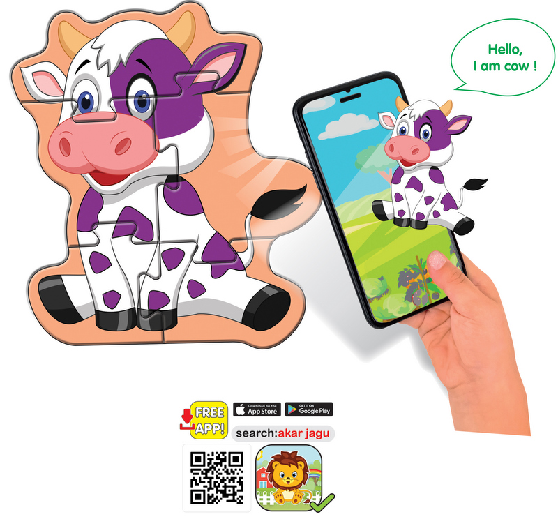 Говорещ и Разказващ Пъзел „Крава“ на Български – 5 Елемента (16×13 см), от EVA Пяна, с Добавена Реалност на 16 Езика