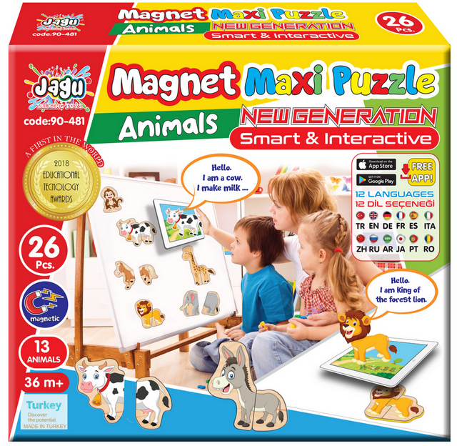 Говорещ и Разказващ Магнитен Пъзел „Животните“ на Български за Най-Малките – 13 Модела по 2 Елемента (11×14 см), Общо 26 Елемента, от EVA Пяна, с Добавена Реалност на 16 Езика, 20×17×4 см