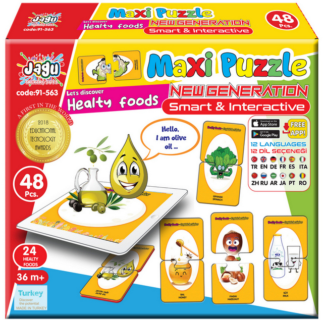 Говорещ и Разказващ Пъзел „Здравословни Храни“ на Български за Най-Малките – 24 Модела по 2 Елемента (10×5 см), Общо 48 Елемента, от EVA Пяна, с Добавена Реалност на 16 Езика, 20×17×4 см