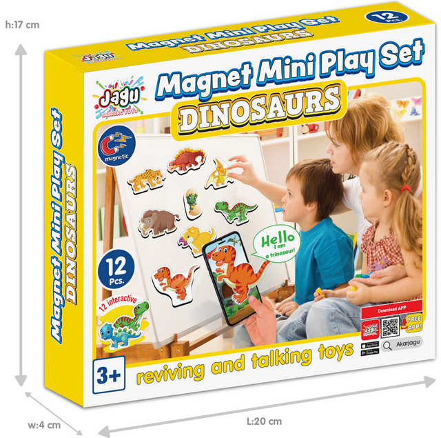 Говореща и Разказваща Магнитна Игра „Динозаврите“ на Български – 12 Елемента от EVA Пяна (около 10×5 см), с Добавена Реалност на 16 Езика, 20×17×4 см