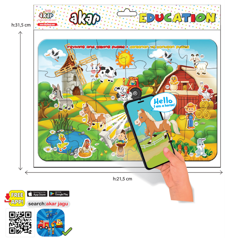 говорещ и разказващ на български пъзел Ферма 24 ел. с размери 32х22 с добавена реалност на 16 езика от ЕVA пяна