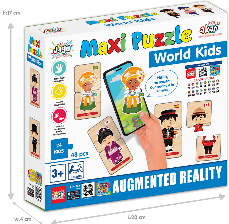 Пъзели Децата на света Говорещи и Разказващи на Български 10x5 см 48 ел., 24 модела по 2 ел., от EVA пяна с добавена реалност на 16 езика 20x17x4 см