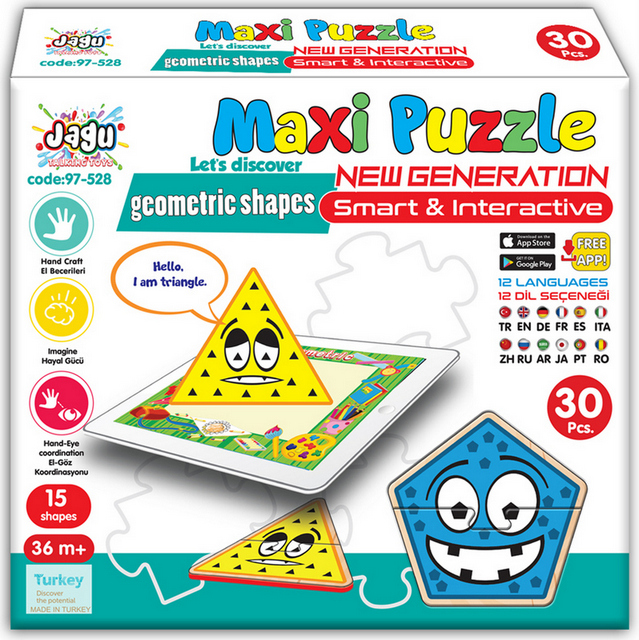 Говорещ и Разказващ Пъзел „Забавни Геометрични Форми“ на Български за Най-Малките – 15 Модела по 2 Елемента (9×8 см), Общо 30 Елемента, от EVA Пяна, с Добавена Реалност на 16 Езика, 20×17×4 см