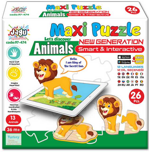 Говорещ и Разказващ Пъзел „Животните“ на Български за Най-Малките – 13 Животни по 2 Елемента (12×10 см), Общо 26 Елемента, от EVA Пяна, с Добавена Реалност на 16 Езика, 20×17×4 см