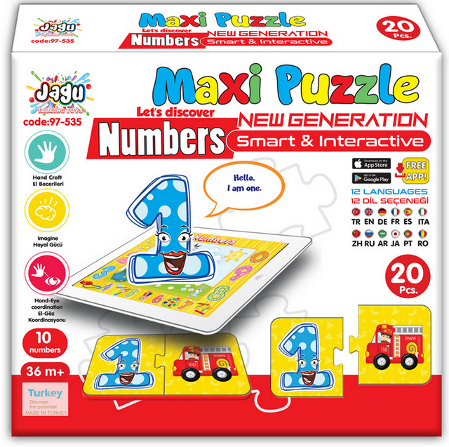 Говорещ и Разказващ Пъзел „Забавните Числа“ на Български за Най-Малките – 10 Числа по 2 Елемента (15×9 см), Общо 20 Елемента, от EVA Пяна, с Добавена Реалност на 16 Езика, 20×17×4 см