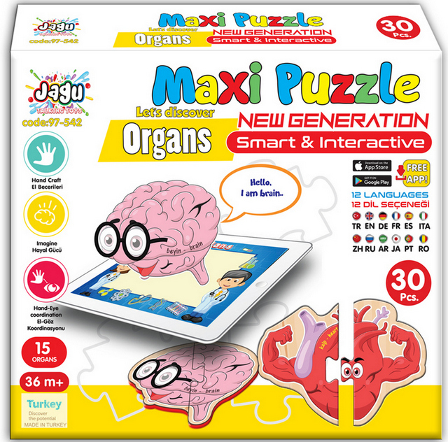 Говорещ и Разказващ Пъзел „Органите в Човешкото Тяло“ на Български за Най-Малките – 10 Модела по 2 Елемента (11×10 см), Общо 30 Елемента, от EVA Пяна, с Добавена Реалност на 16 Езика, 20×17×4 см