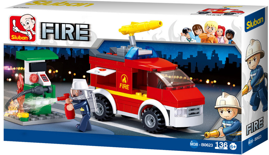 Конструктор Sluban Пожарна – Пожарен Камион с Бензиностанция, 136 Елемента, 1 Фигурка, 24×14×5 см