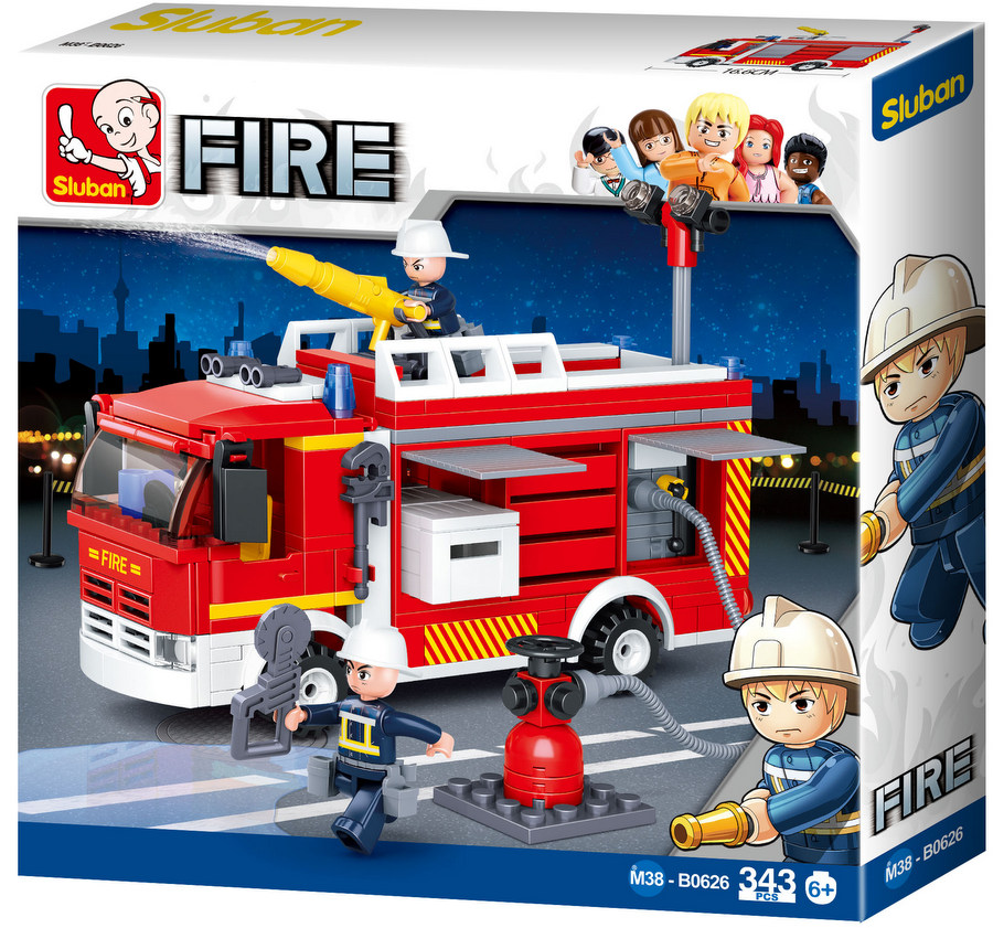 Конструктор Sluban Пожарна – Пожарен Камион, 343 Елемента, 2 Фигурки, 38×24×7 см