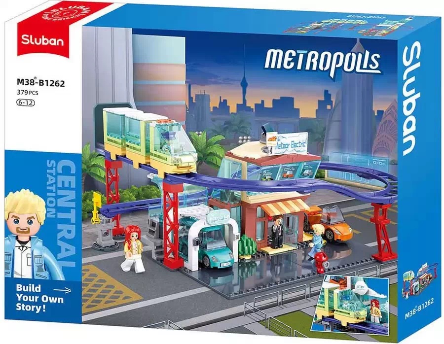 Конструктор Sluban City Metropolis магазин за ел. коли и превозни средства и зарядна станция 379 ел. с 4 фигурки 43x33x7 см