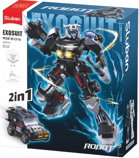 Конструктор Sluban ExoSuit Трансформер 2в1 робот превръщащ се в полицейска кола 247 ел. с 1 фигурка 24x22x7 см