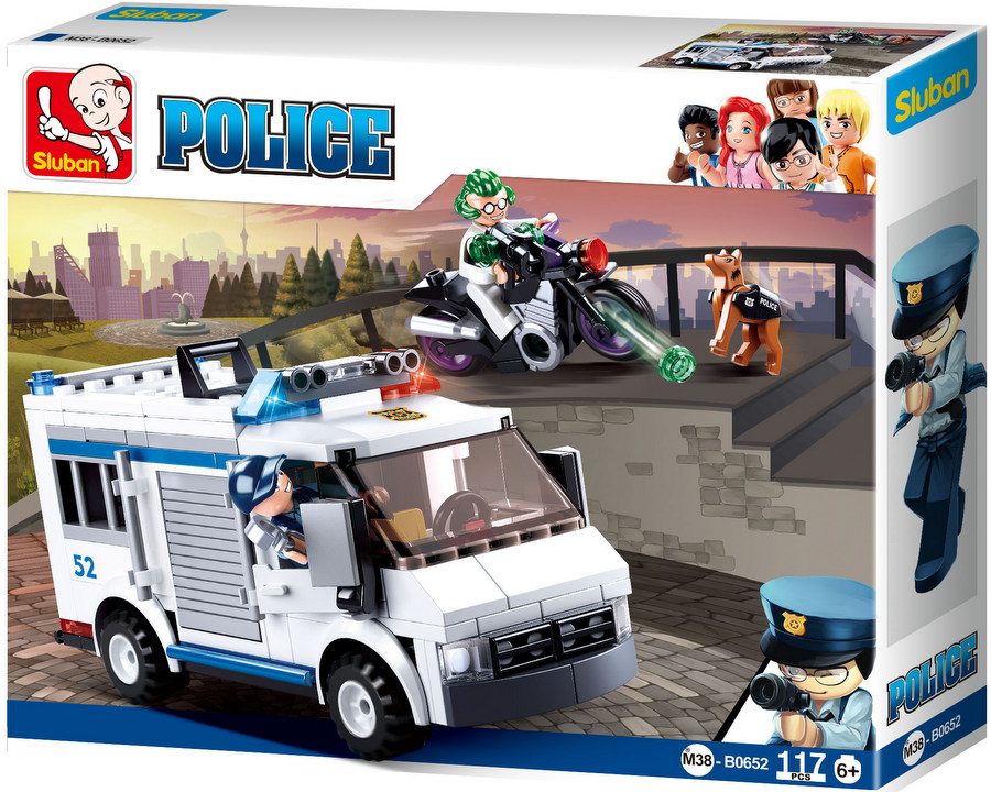 Конструктор Sluban Полиция – Арестантски Камион с Мотор и Куче, 117 Елемента, 2 Фигурки, Стрелба, 29×24×6 см