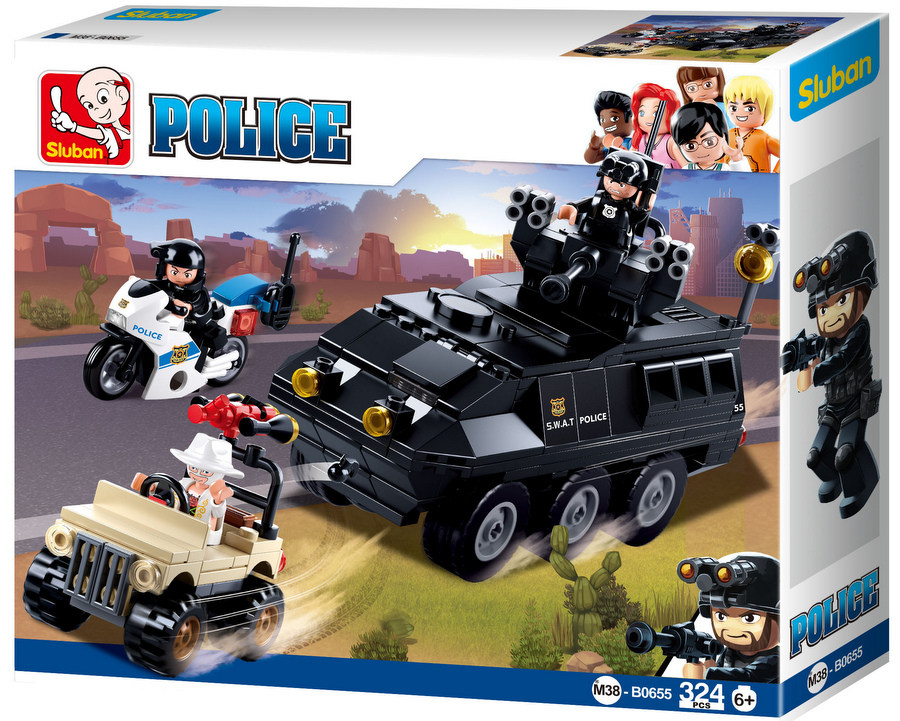 Конструктор Sluban Полиция – SWAT Бронетранспортьор с Мотор и Джип, със Стрелба, 324 Елемента, 3 Фигурки, 33×29×7 см