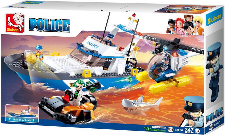 Конструктор Sluban Полиция – Катер, Хеликоптер и Джет със Стрелба, 347 Елемента, 4 Фигурки, 48×29×7 см