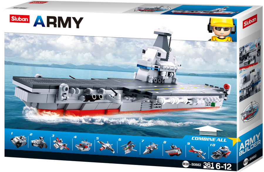 Конструктор Sluban Армия – Самолетоносач 10 в 1: Комбинирай 10 Военни Машини в Самолетоносач, 361 Елемента, 43×29×7 см