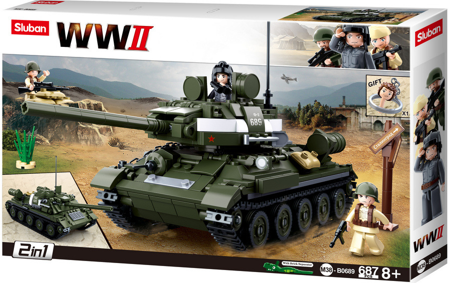 Конструктор Sluban Армия – 2 в 1 Танк T-34 и Танк T-85 от Втората Световна Война, Точен Модел, 3 Фигурки, 687 Елемента, 52×33×7 см
