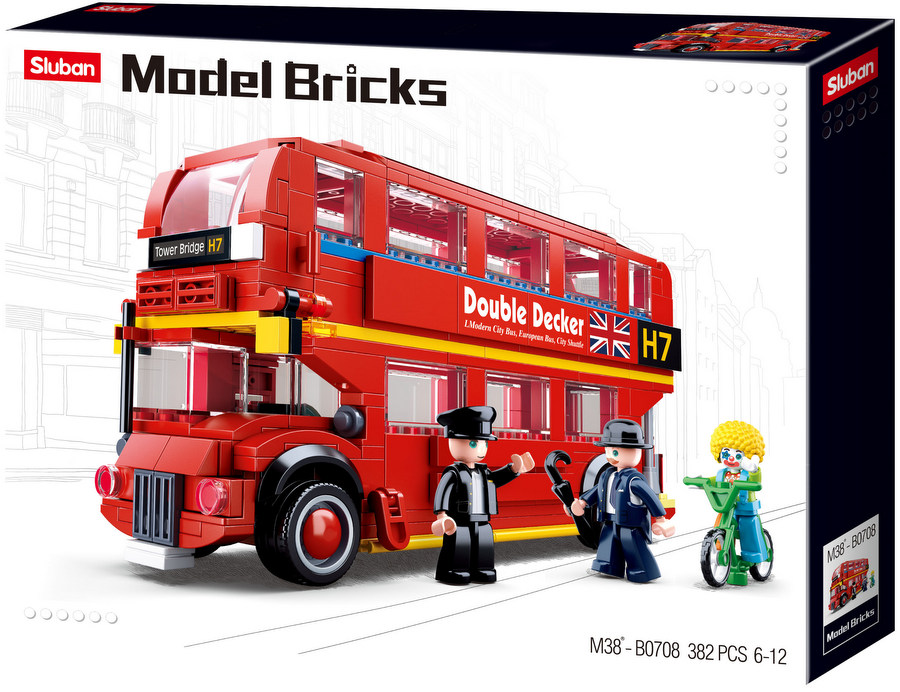 Конструктор Sluban Сити – Лондонски Двуетажен Градски Автобус, 382 Елемента, 3 Фигурки, 43×33×? см