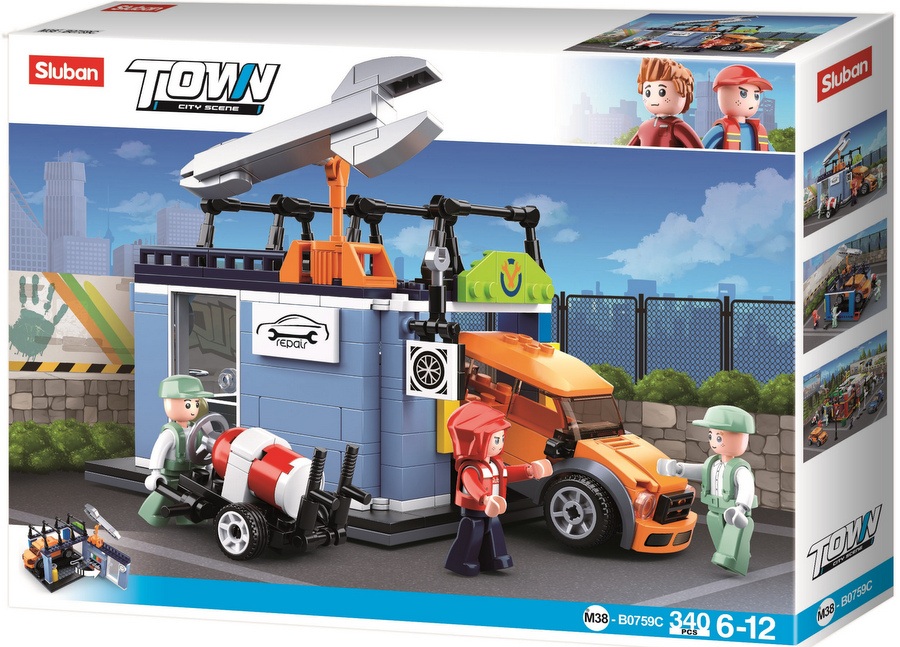 Конструктор Sluban Сити – Автосервиз с Кола и Подемник, 340 Елемента, 3 Фигурки, 38×29×7 см